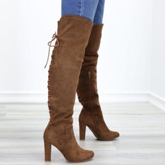 Suede Over The Knee Heeled Boots With Lace Up Back - Picture 5 of 15